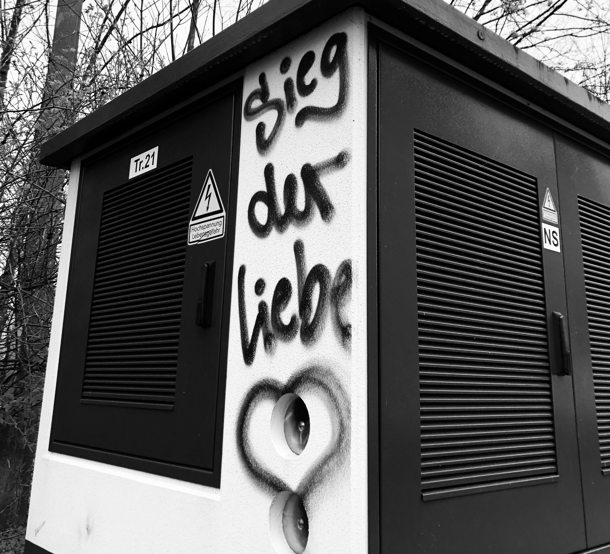Foto eines Gebäudes mit einem Grafiti mit den Worten "Sieg der Liebe" und einem Herzen. Das Bild ist in schwarz weiß