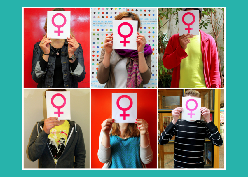 Fotokollage mit Frauen, die weiße Blätter mit pinken Zeichen für Weiblichkeit vor ihr Gesicht halten